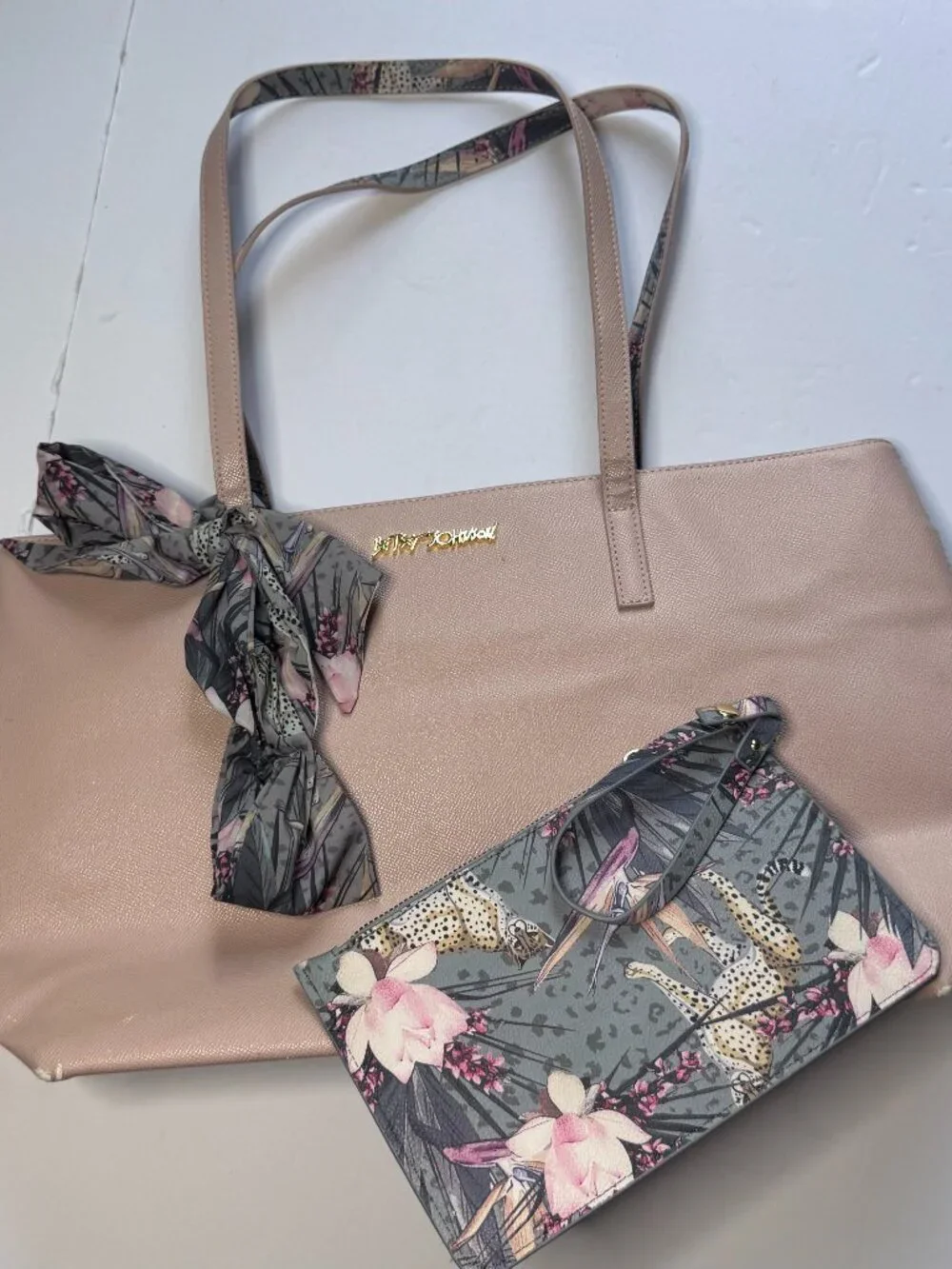 Betsey Johnson Pink Zaria Tote Shoulder Bag Purse & Wristlet Floral Faux Leather